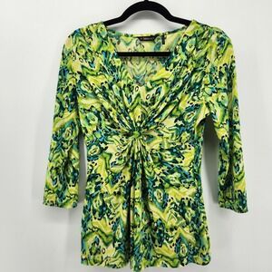 Slimpact Green Abstract Print 3/4 Sleeve Twist‎ Front Blouse Top Size S